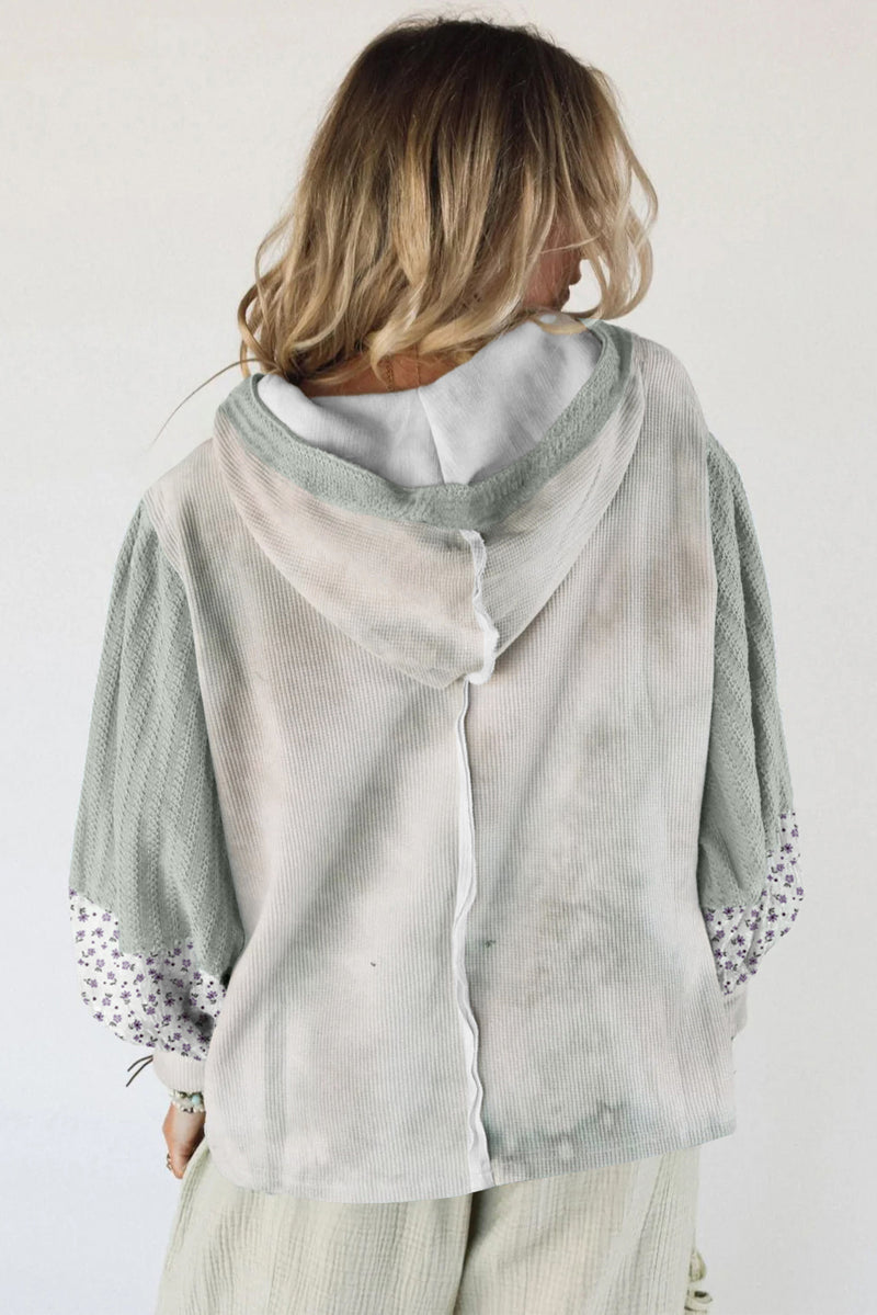Light Grey Floral Patched Waffle Textured Color block V Neck Casual Hooded Top