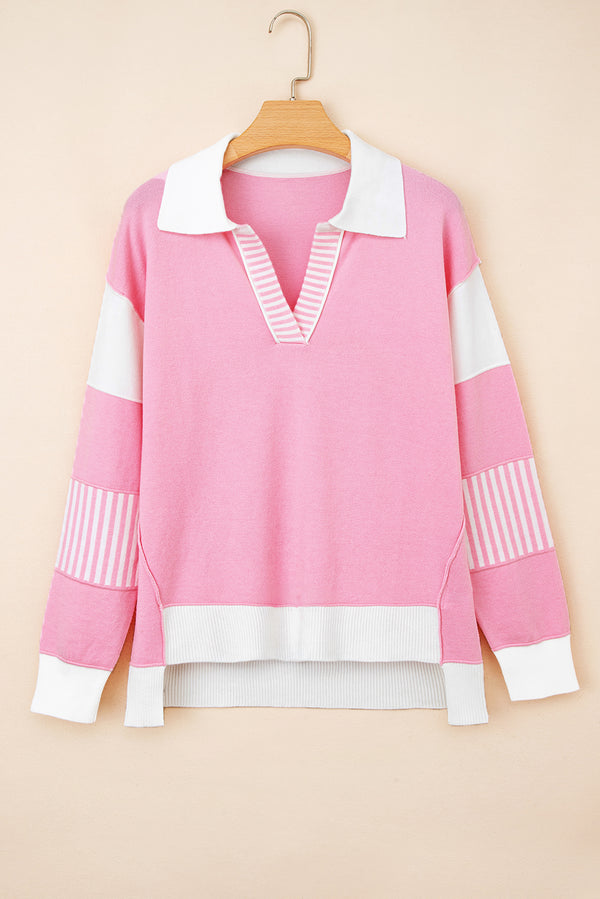 Contrasting Polo Collar Color Block Knit Drop Shoulder Sweater