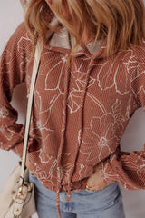 Floral Twisted Rib Drawstring Kangaroo Pocket Hoodie
