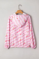Pink Floral Print Half Zip Kangaroo Pouch Drawstring Hoodie