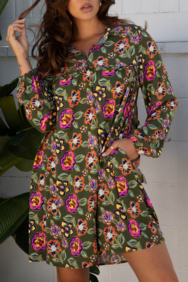 Floral Print Split Neck Bubble Sleeve Shift Mini Dress
