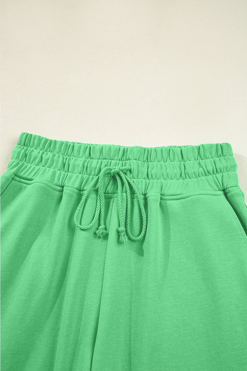 Drop Shoulder Puff Sleeve Crop Pullover Drawstring Wide Leg Pants Set