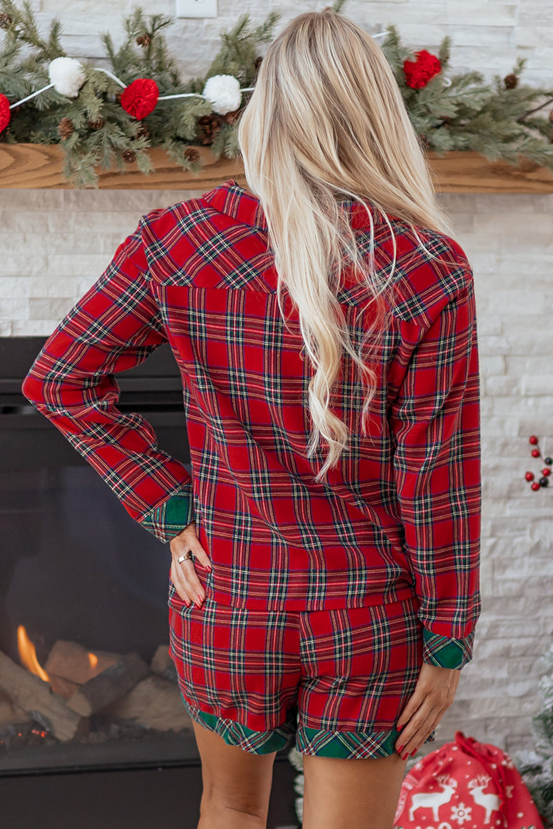 Plaid Contrast Patched Christmas Holiday Long Sleeve Shirt and Short 2pcs Pajama Set