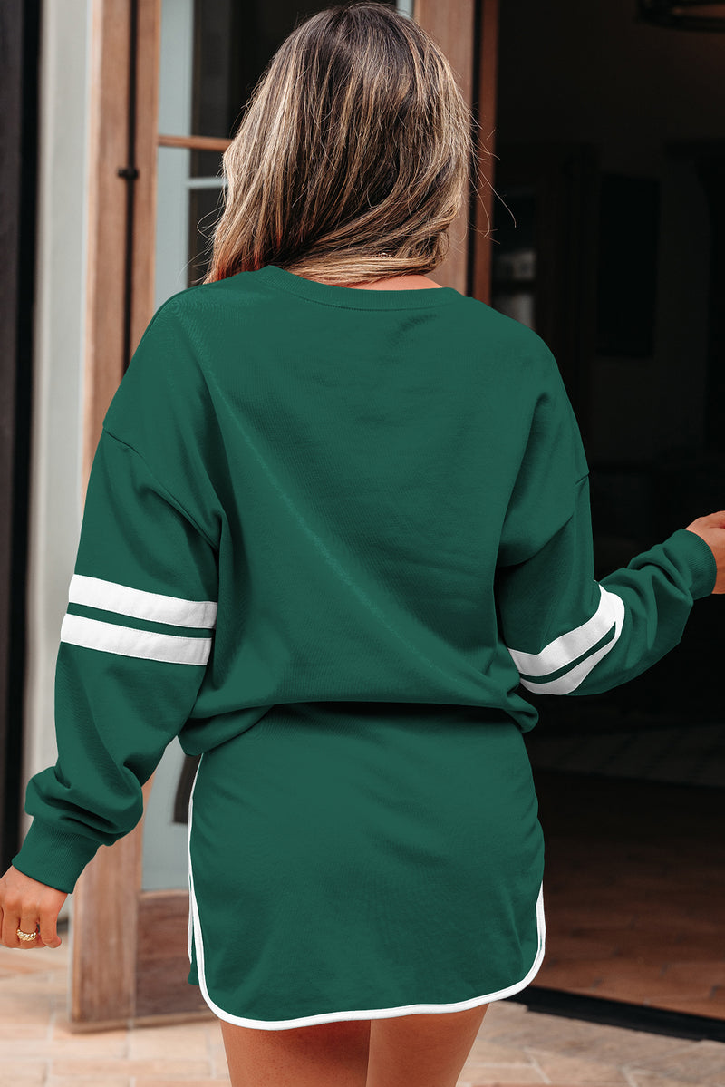Varsity Stripe Detail Drop Shoulder Pullover Mini Skirt Set