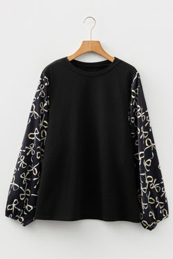 Bow Knot Patchwork Crewneck Plus Size Blouse