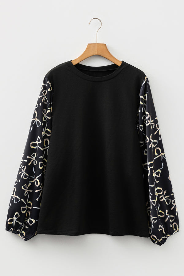 Bow Knot Patchwork Crewneck Plus Size Blouse