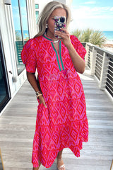 All over Print Contrast Split Neckline Short Puff Sleeve Curvy Dress
