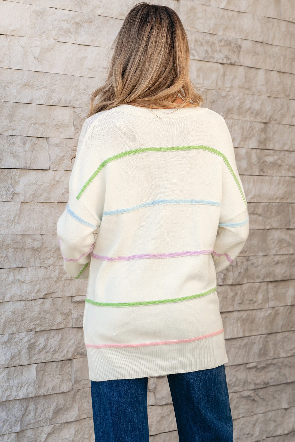 Stripes Drop Shoulder Baggy Henley Sweater