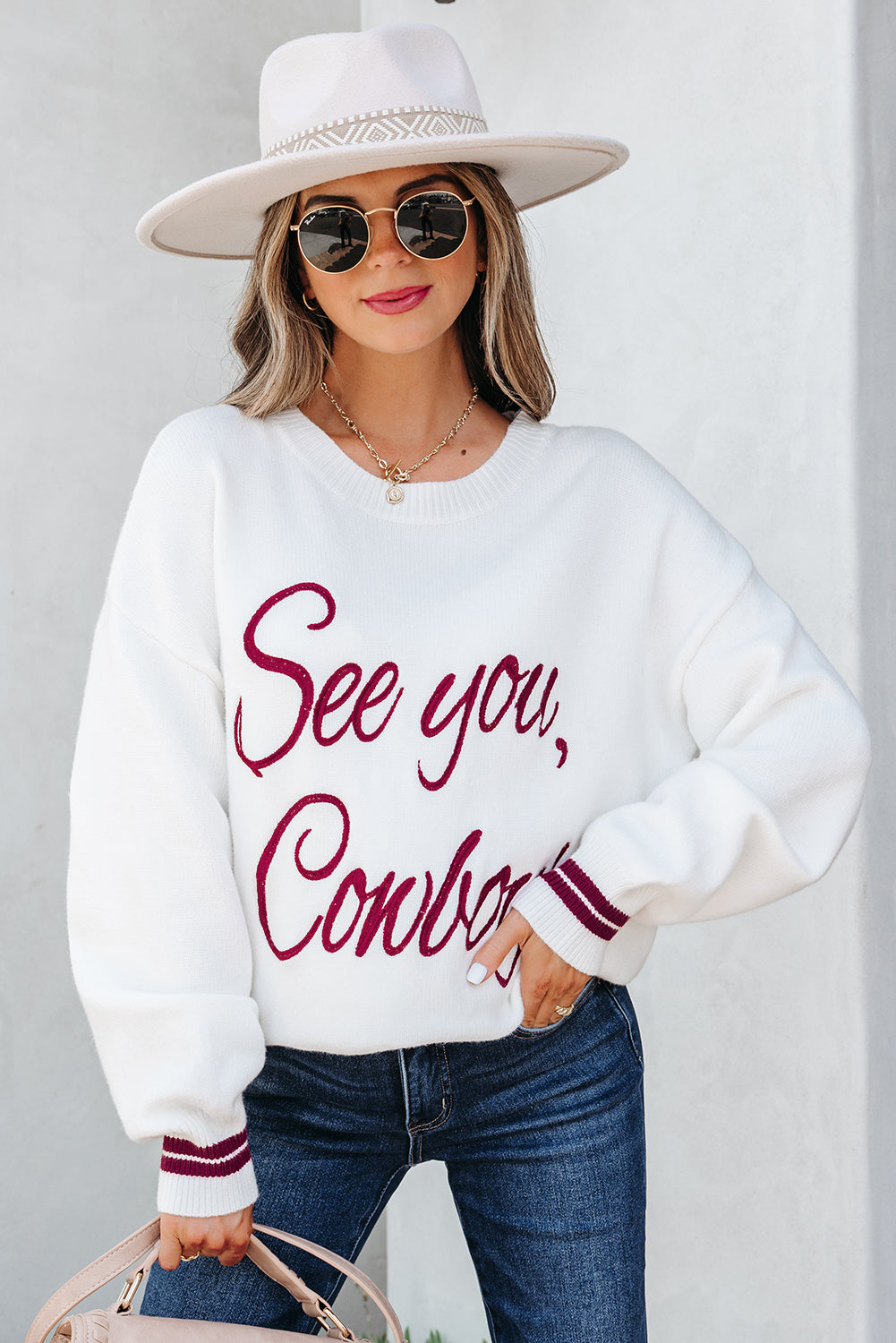 See You Cowboy Embroidered Western Graphic Sweater