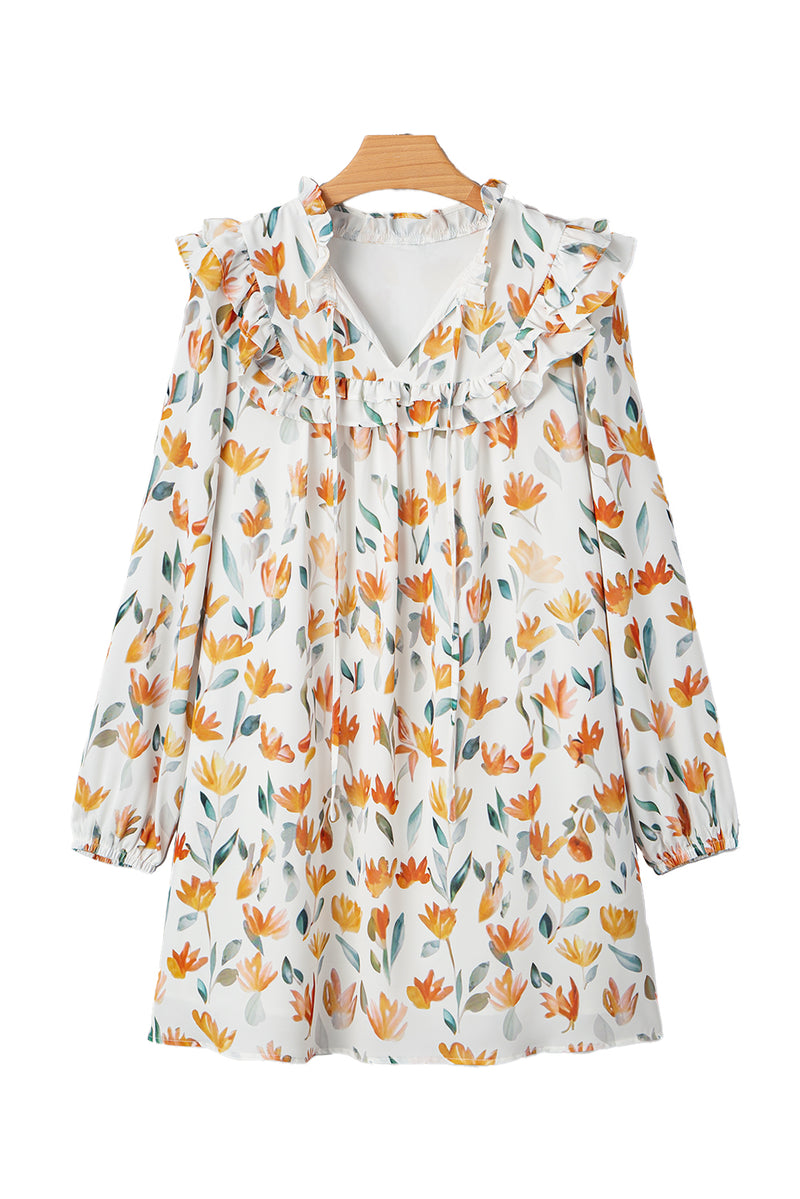 Floral Print Tie Neck Frilled Detail Long Sleeve Mini Dress