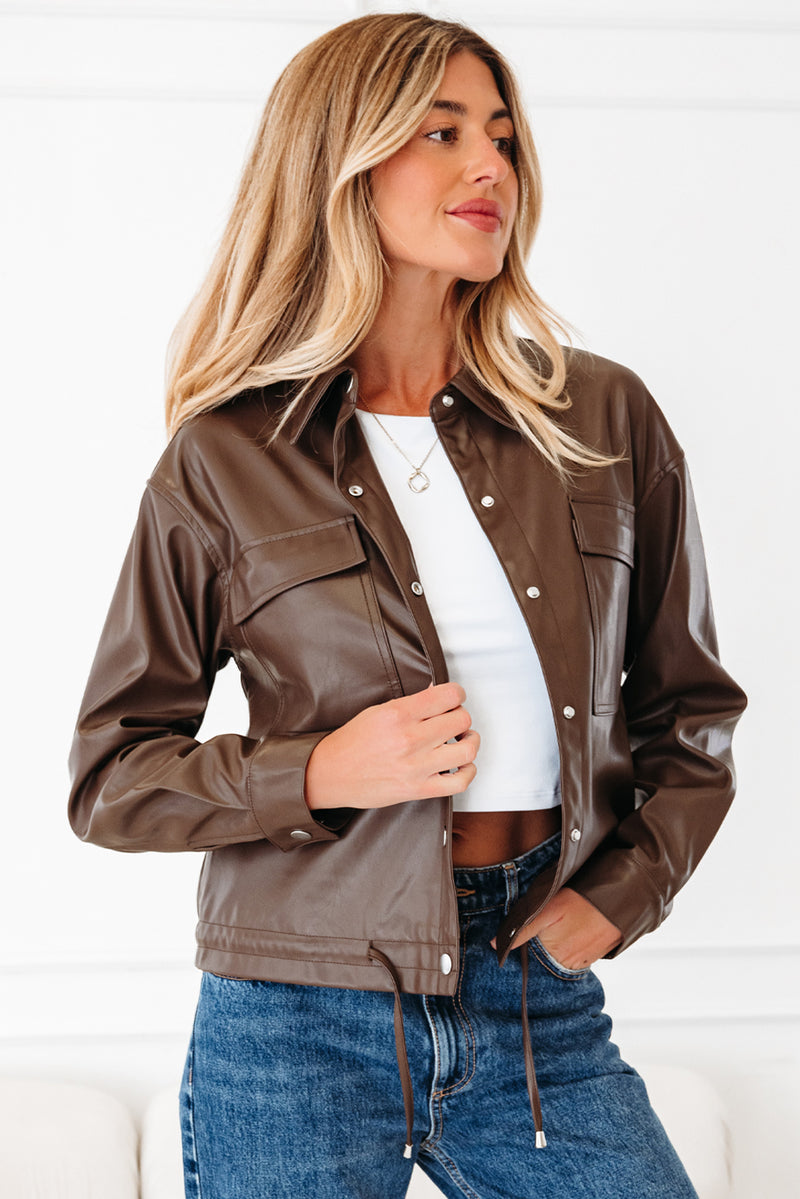 Double Flap Pocket Drawstring Hem Leather Jacket
