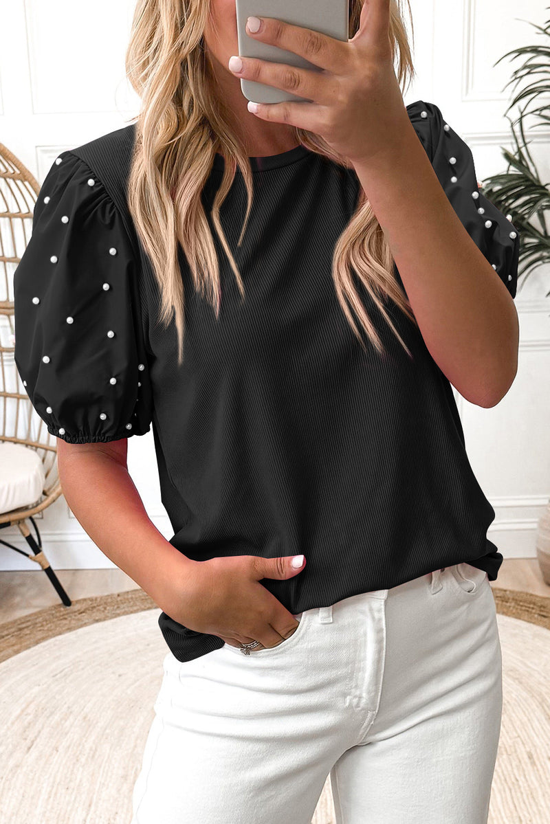 Ribbed Pearl Beaded Puff Sleeve Blouse