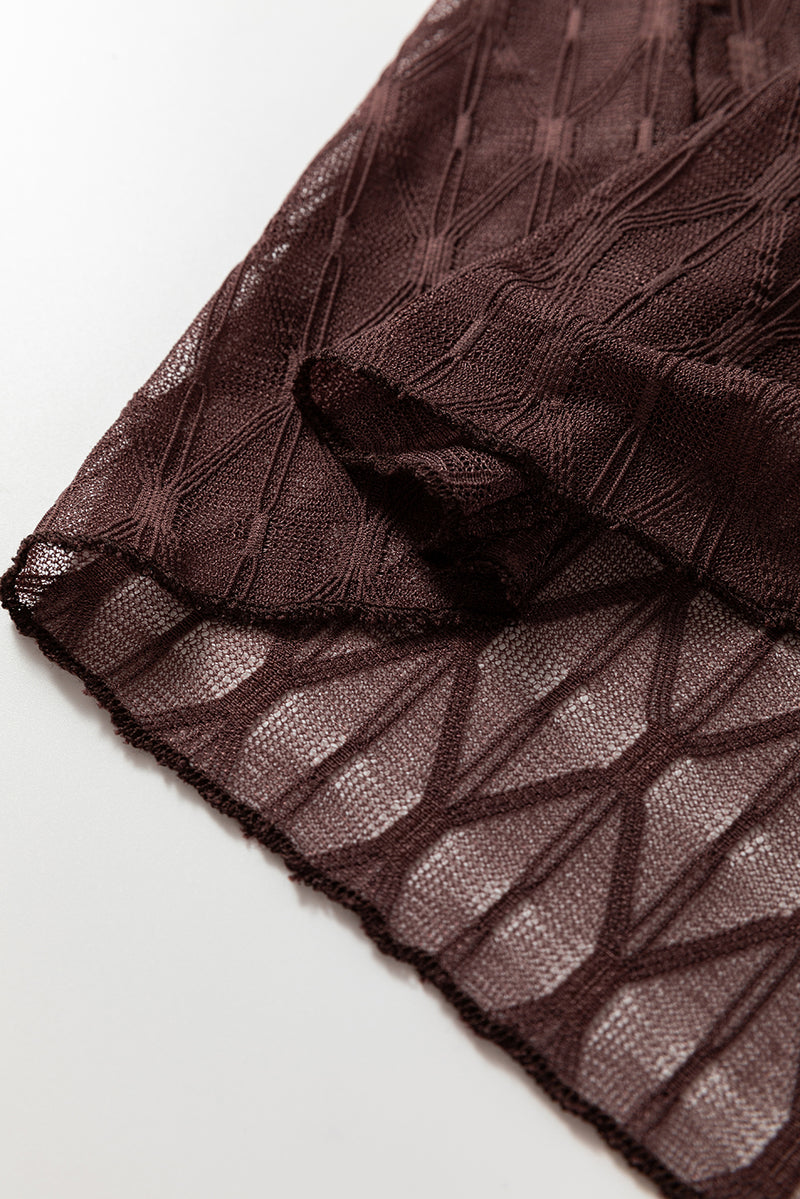 Sheer Mesh Patterned Lettuce Trim Slim Long Sleeve Top