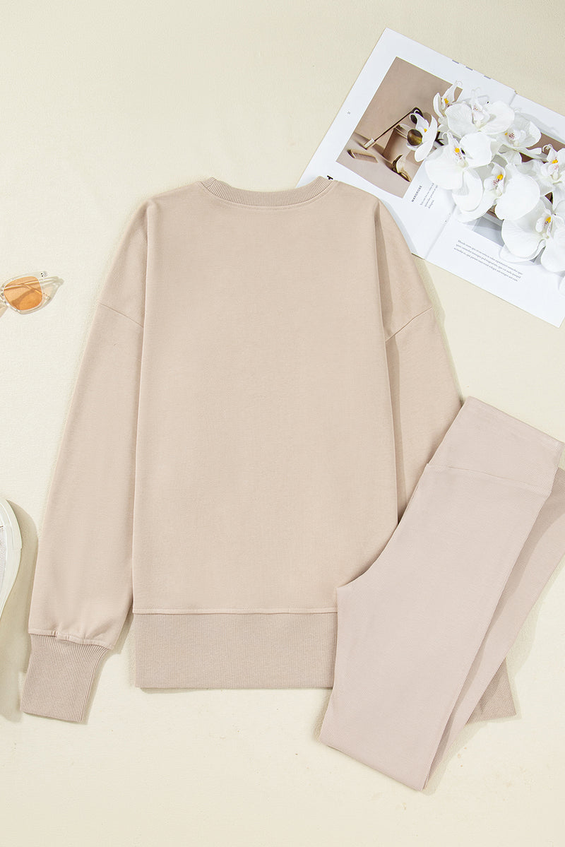 Beige Solid Color Oversize Slit Sweatshirt Ribbed Leggings 2pcs Set