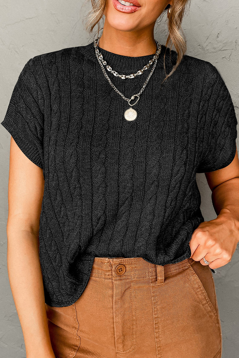 Solid Crew Neck Cable Knit Short Sleeve Sweater