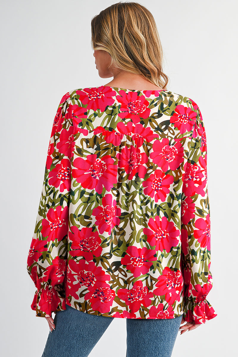 Floral Print Lace up V Neck Flounce Sleeve Blouse