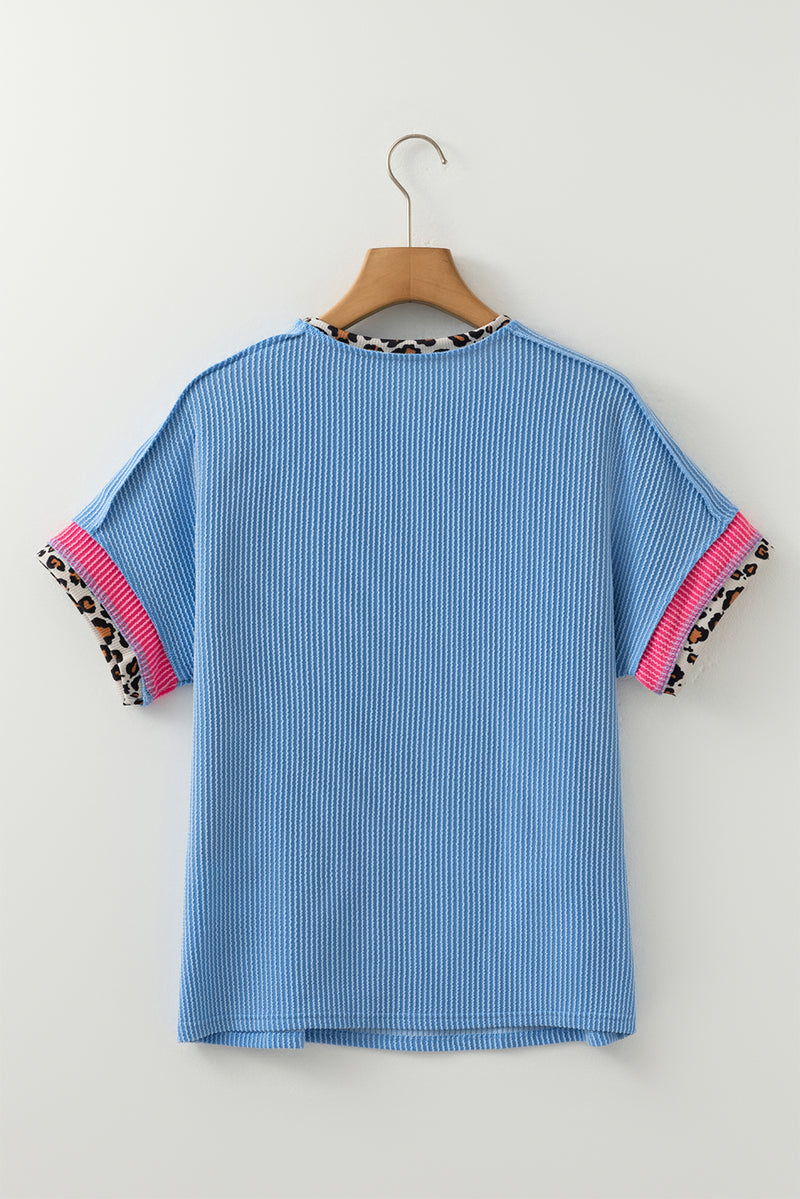 Solid Leopard Patchwork Corded Knit Crew Neck T Shirt