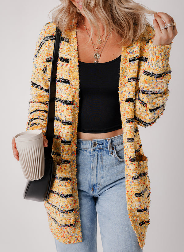 Yellow Striped Pom Pom Knit Open Front Long Cardigan