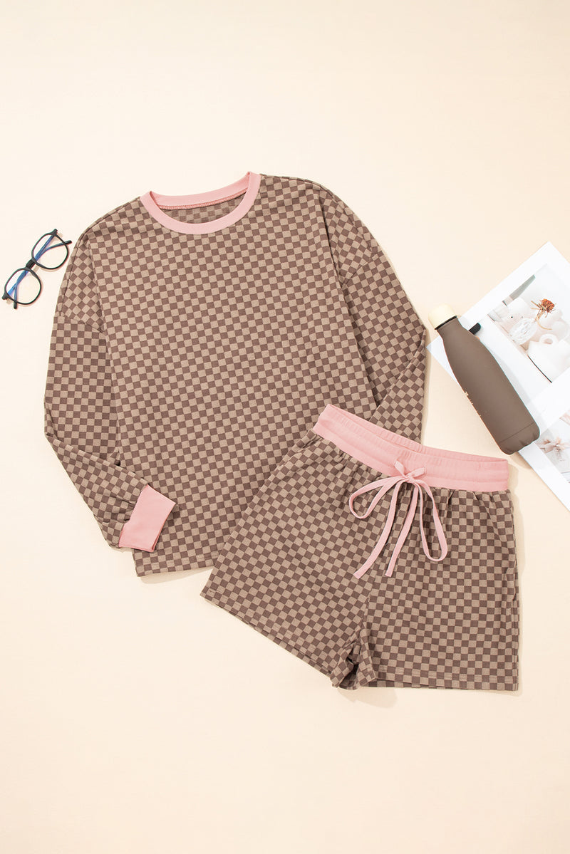 Checkerboard Long Sleeve Pullover and Shorts Set