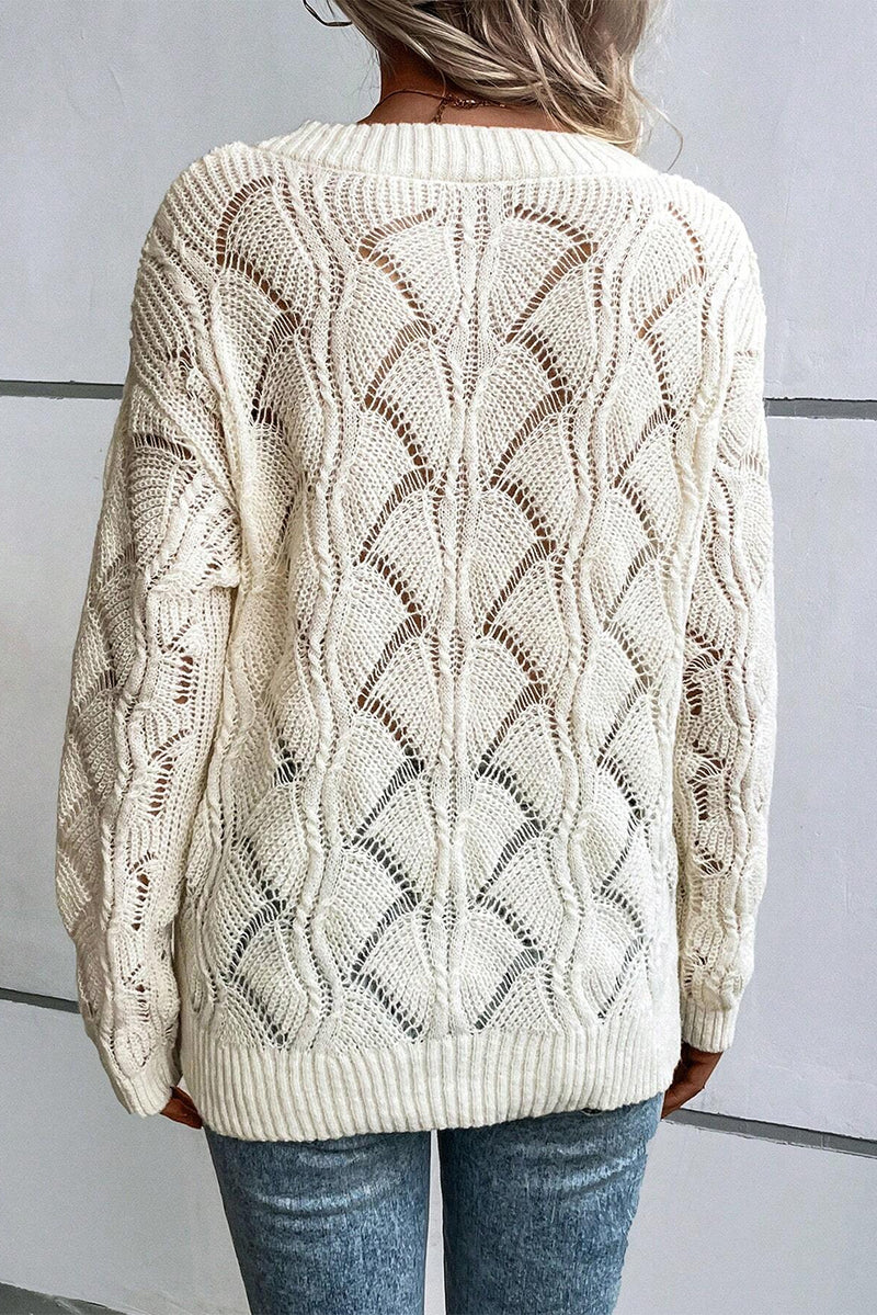 Solid Hollow Out Knit V Neck Drop Shoulder Sweater
