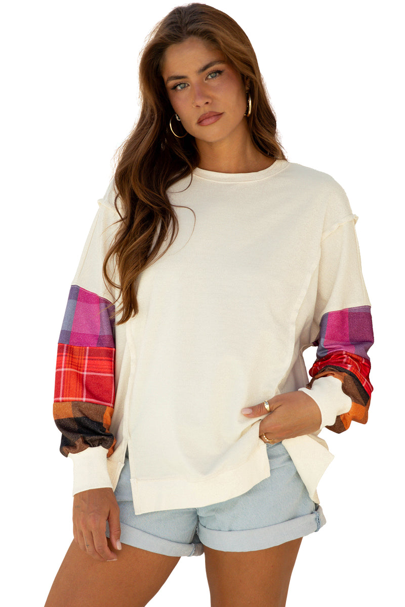 Contrast Plaid Long Sleeve Exposed Seam Patchwork Top