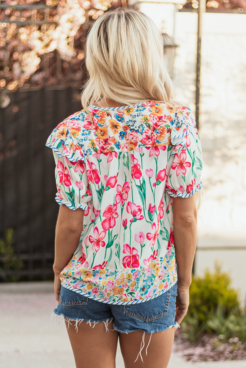 Floral Print Striped Detail Split Neck Short Sleeve Blouse
