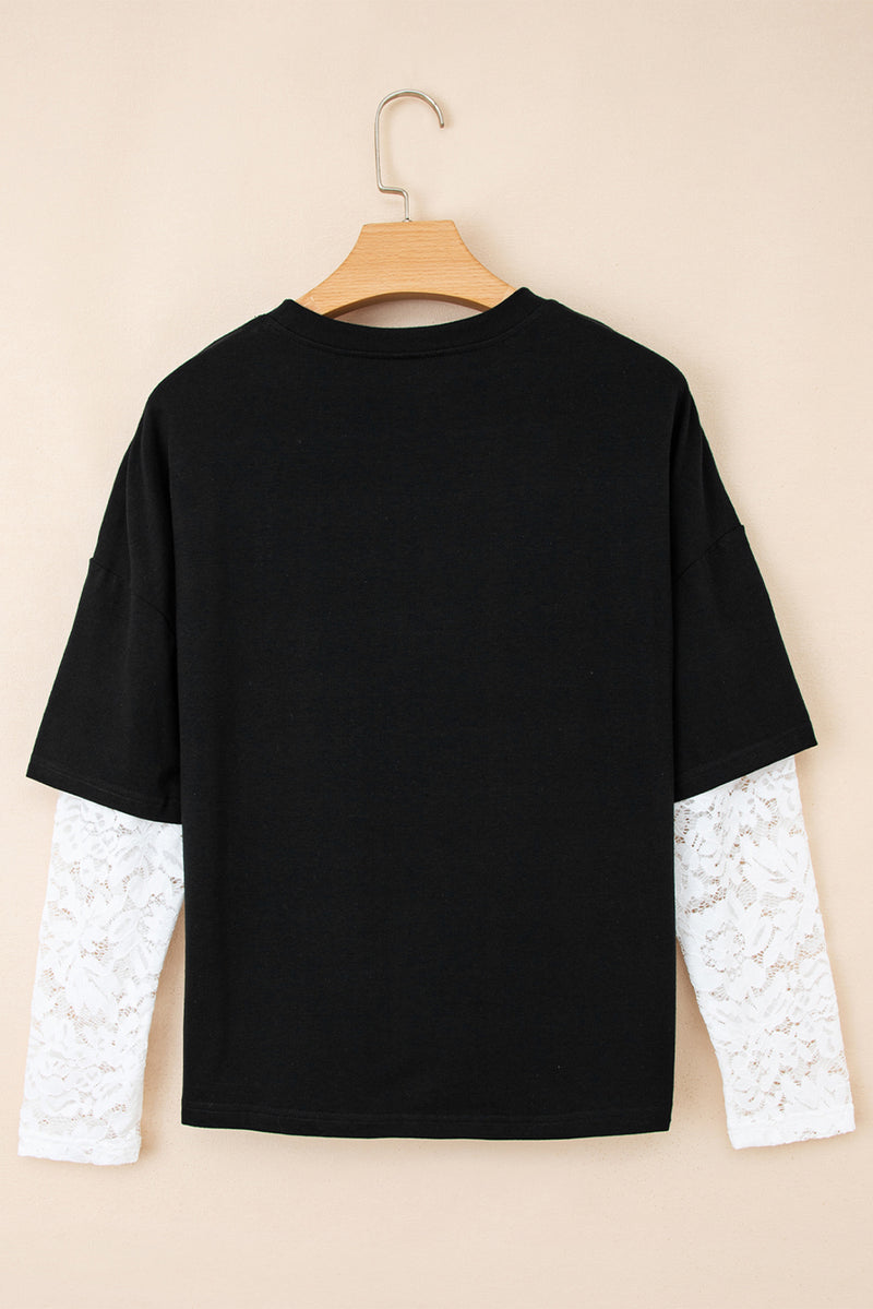 Lace Long Sleeve Insert Drop Shoulder Tee
