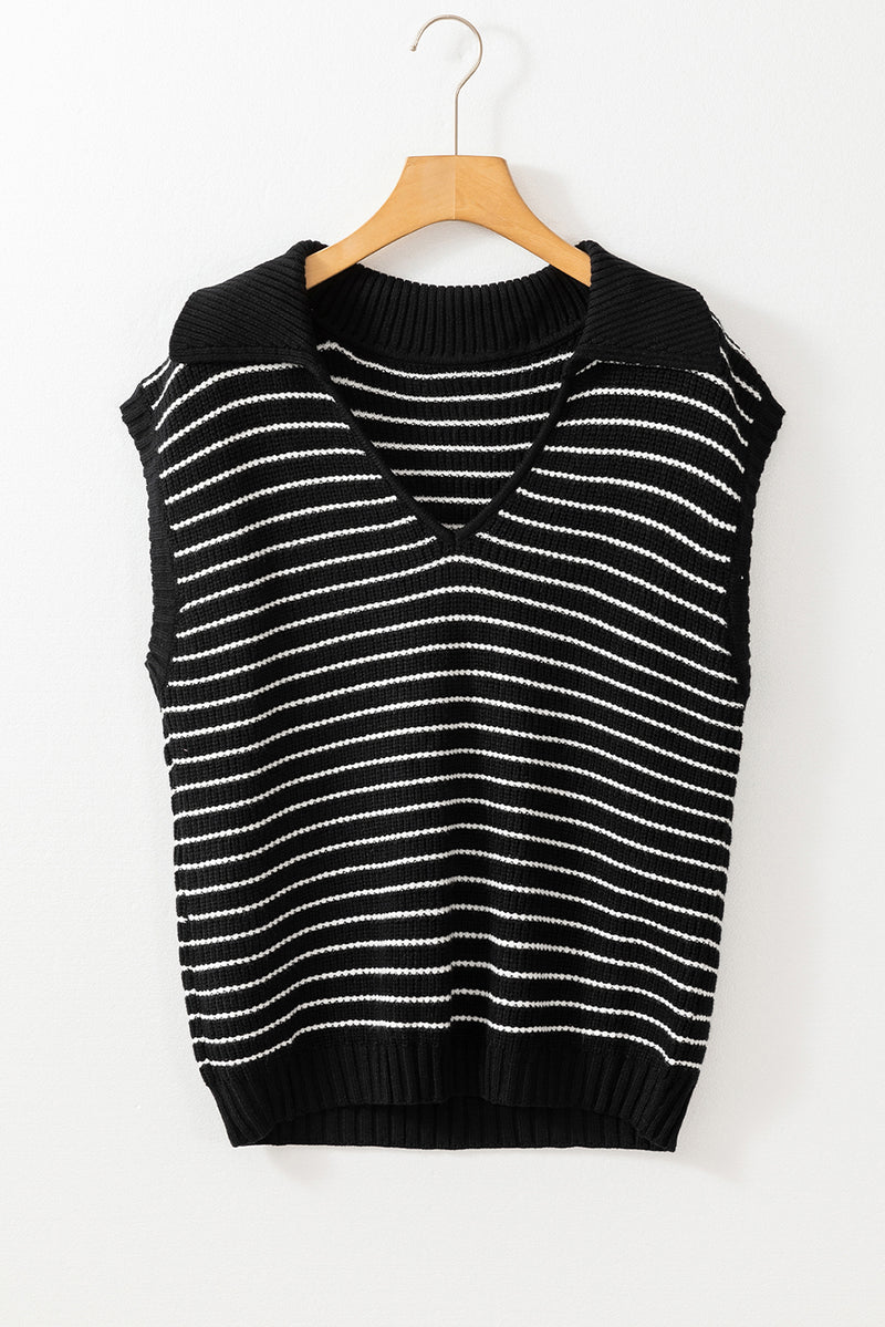 Black Stripe Turn-down V Neck Sweater Tank Top