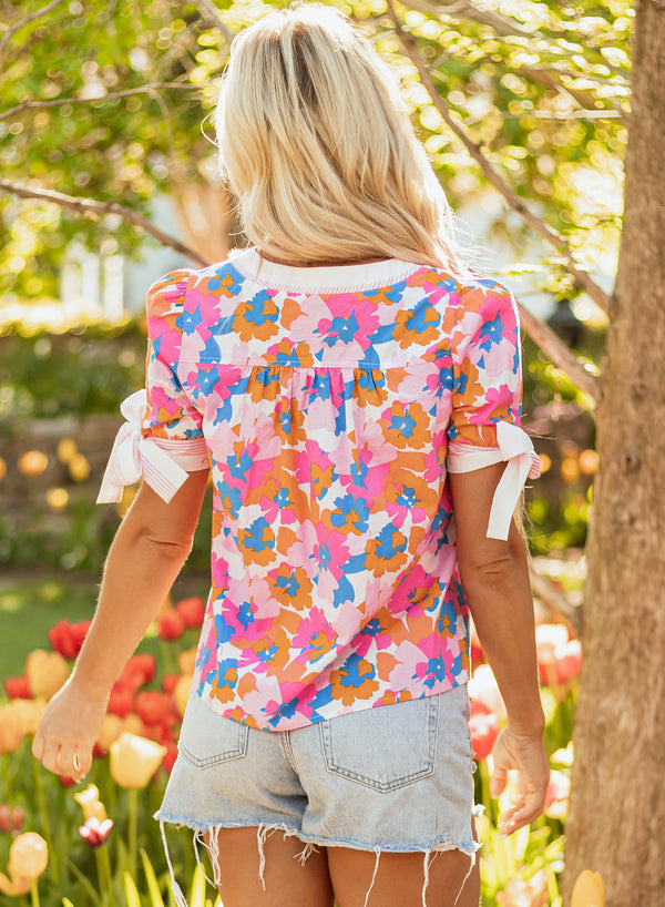 Floral Colorblock Striped Edge V Neck Knotted Short Sleeve Blouse