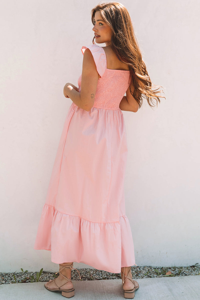 Solid V Neck Flutter Sleeve Smocked Bodice High Waist Ruffle Maxi Dress