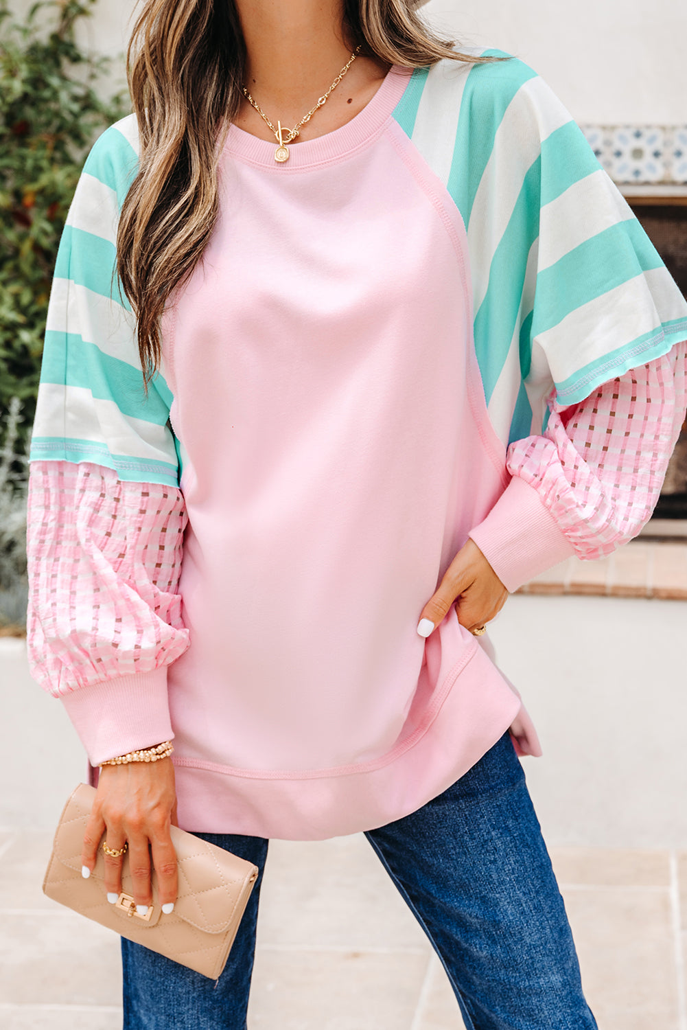 Striped Colorblock Patchwork Raglan Pullover Top with Slits