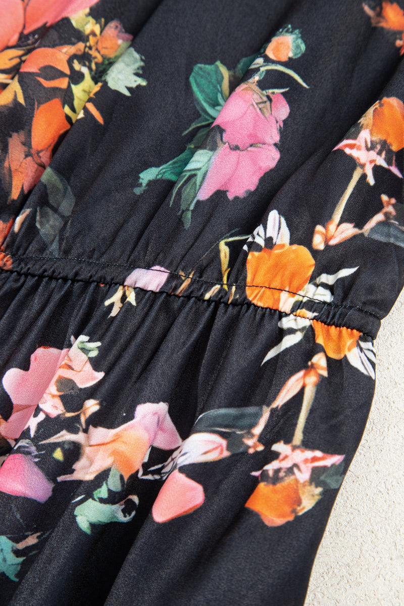 Plus Size Floral Print Tie Neck Cinched Waist Long Sleeve Mini Dress