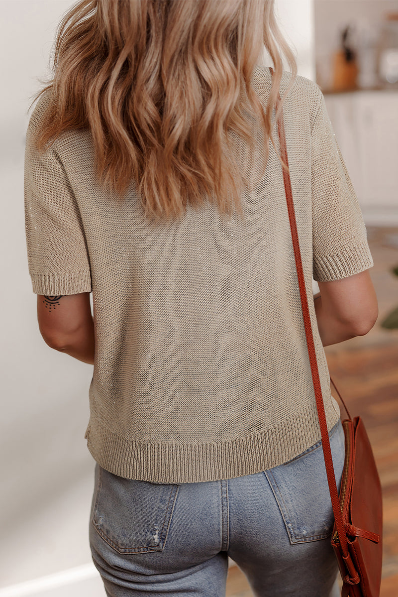 Shiny Knitted Short Sleeve Drop Shoulder Sweater