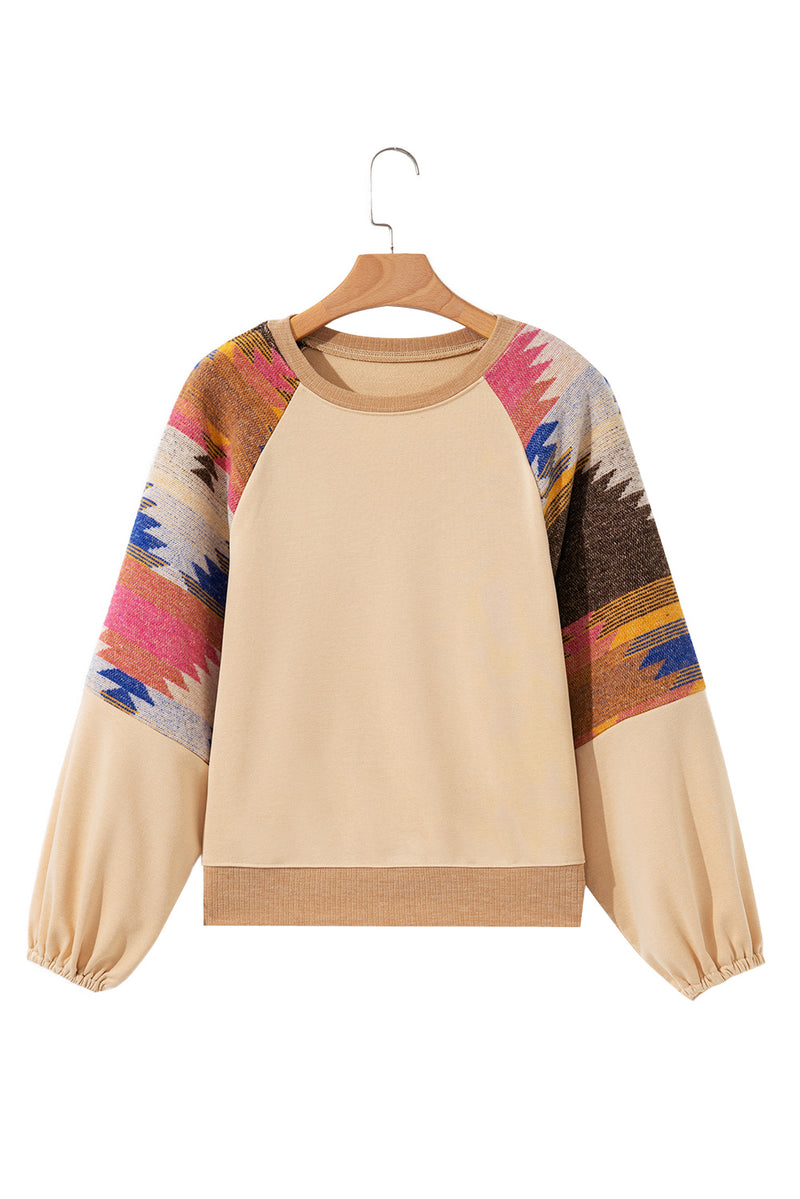 Light French Aztec Patchwork Raglan Pullover Sweatshirt