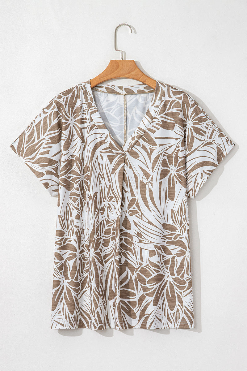 Floral Print V Neck Short Sleeve Loose Fit Blouse