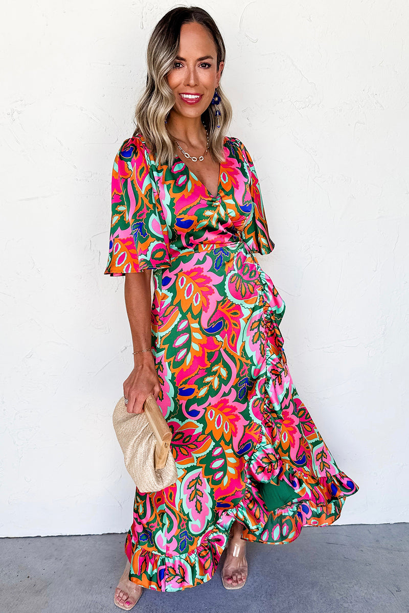 Summer Plant Print Surpliced V Neck Ruffled Asymmetric Slit Wide Short Sleeve Maxi Dress