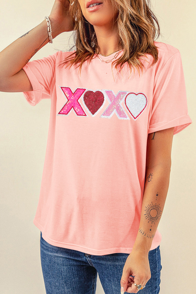 Sequin Heart XOXO Patched Graphic Valentines T Shirt