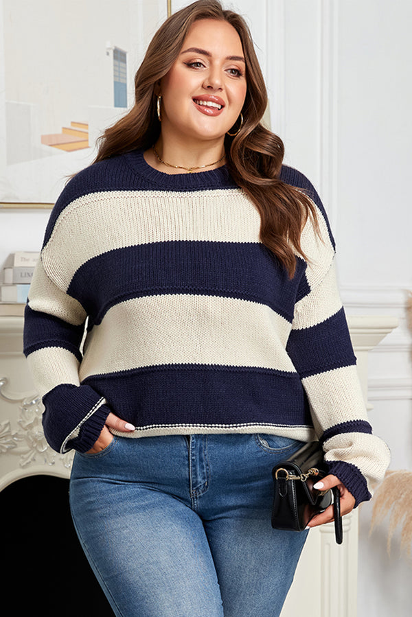 Stripe Color Block PLus Size Drop Shoulder Sweater