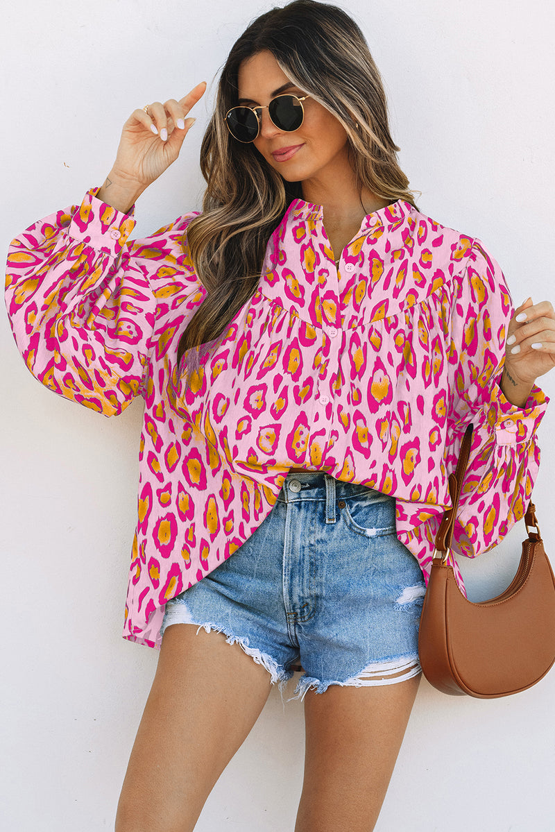 French Oversized Leopard Print Balloon Sleeve Casual Shirt