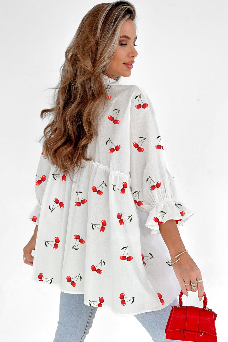 Cherry Print Flounce Sleeve Collared Frilled Babydoll Blouse