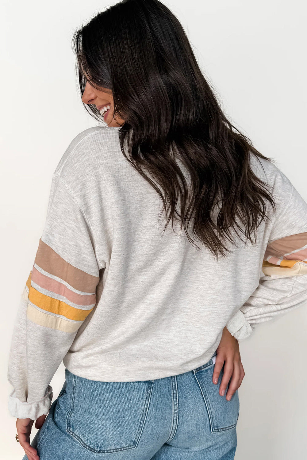 Light Grey Multicolored Striped Patchwork Drop Shoulder Sweatshirt