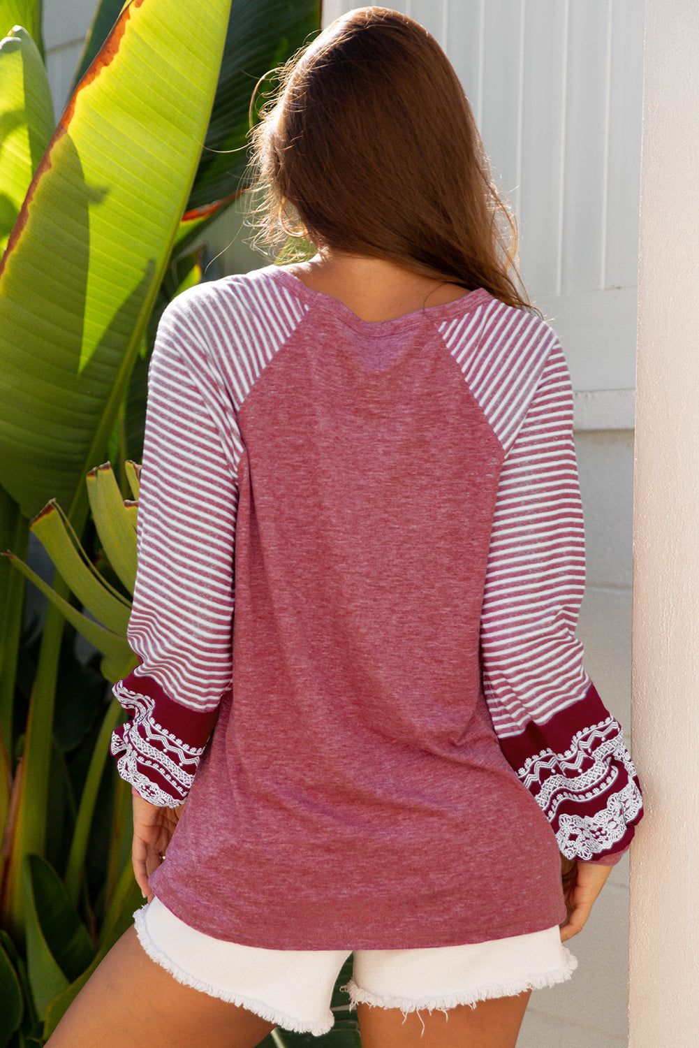 Contrast Print Striped Raglan Long Sleeve Loose Top