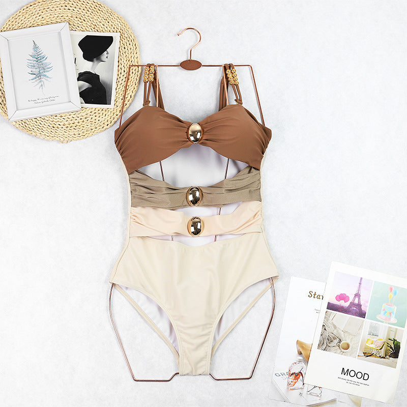 Cut Out Color block One Piece Swimsuit Ruched Swimwear Bathing Suit With Removable Straps