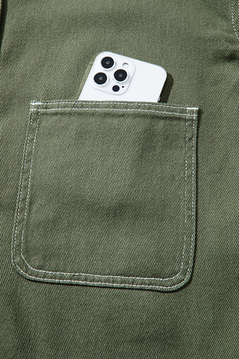 Moss Green Patched Pocket Collared Button Front Boyfriend Denim Jacket