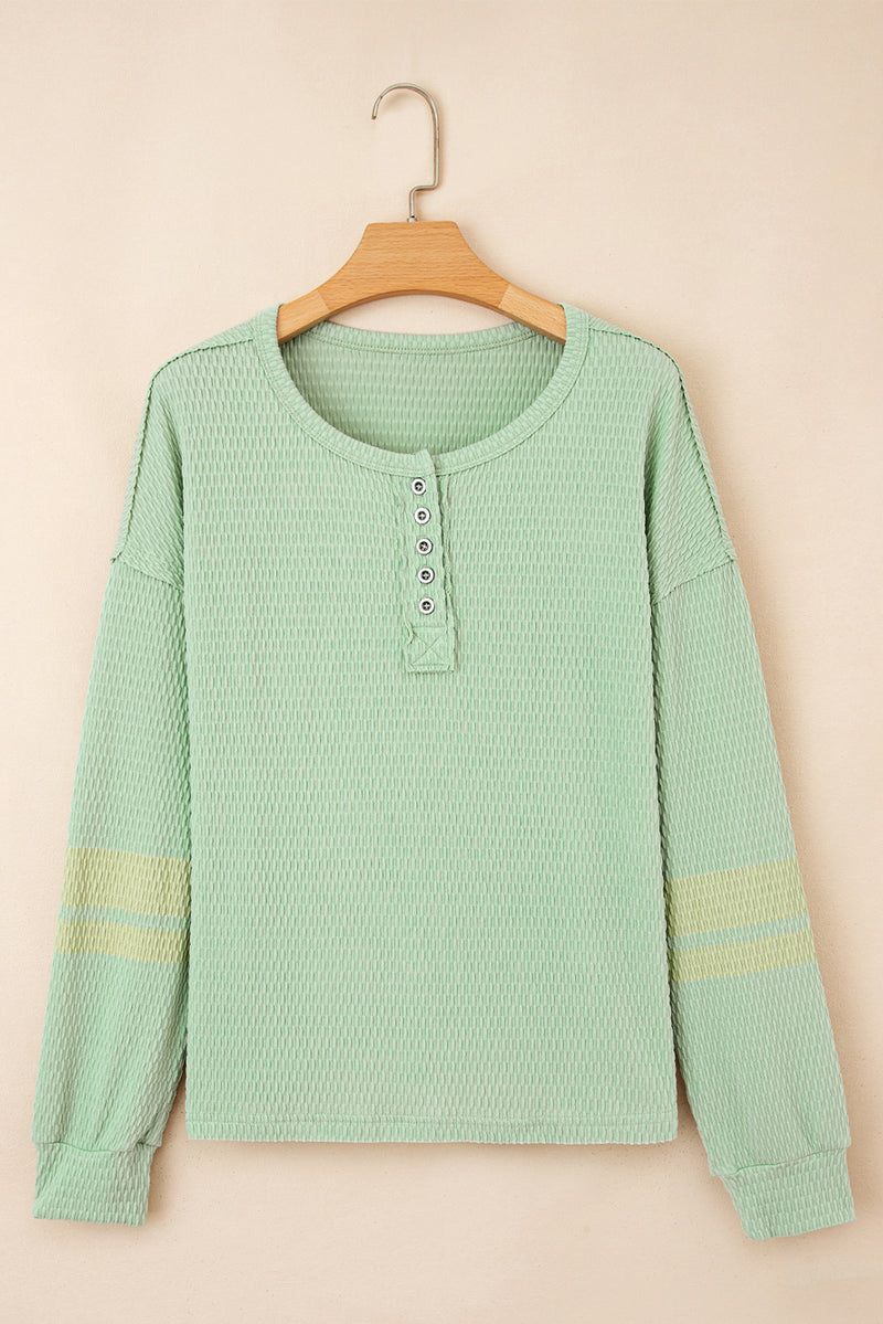 Light Green Textured Knit Drop Shoulder Color Block Detail Long Sleeve Henley Top