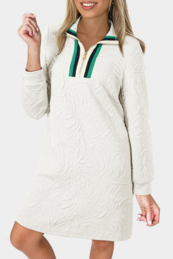 Jacquard Textured Quarter Zipper Shift Mini Dress