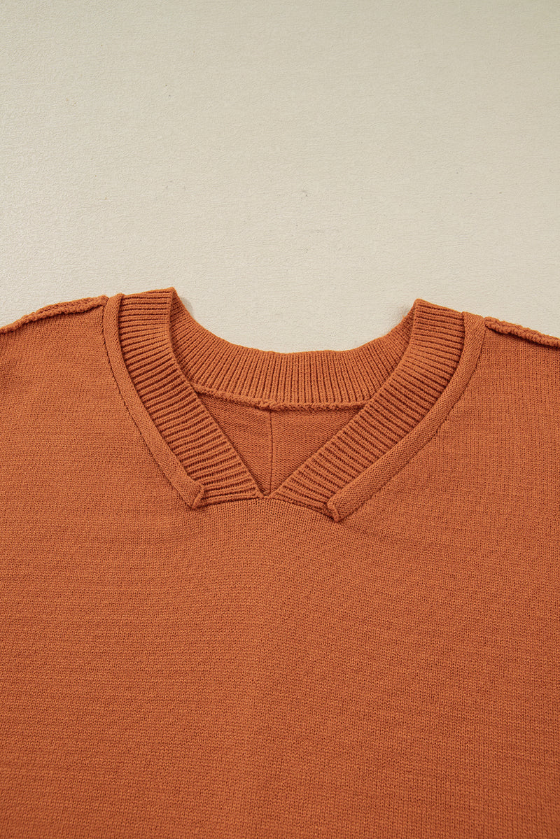 Colorblock Raw Edge Bubble Sleeve V Neck Sweater