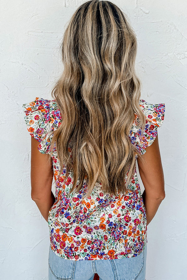 Sleeveless Floral Square Neck Flutter Tank Top