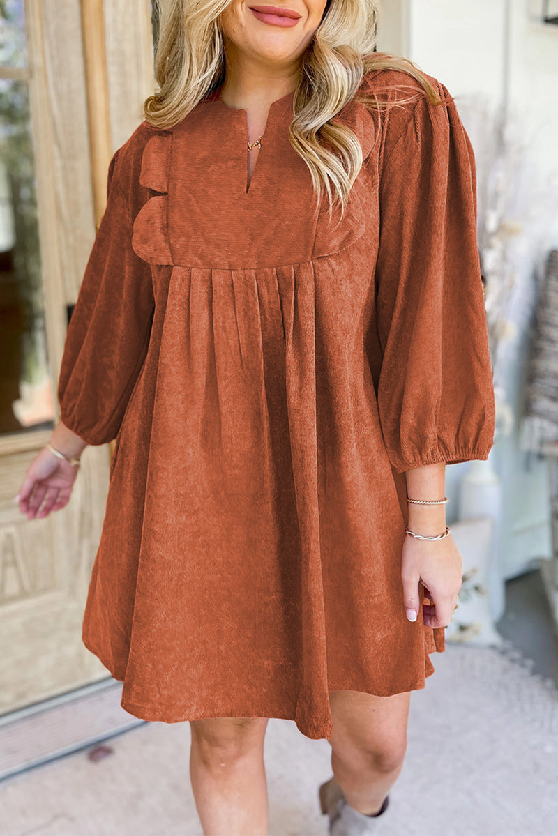 Bracelet Sleeve Split Neck Scallop Detail Pleated Corduroy Mini Dress