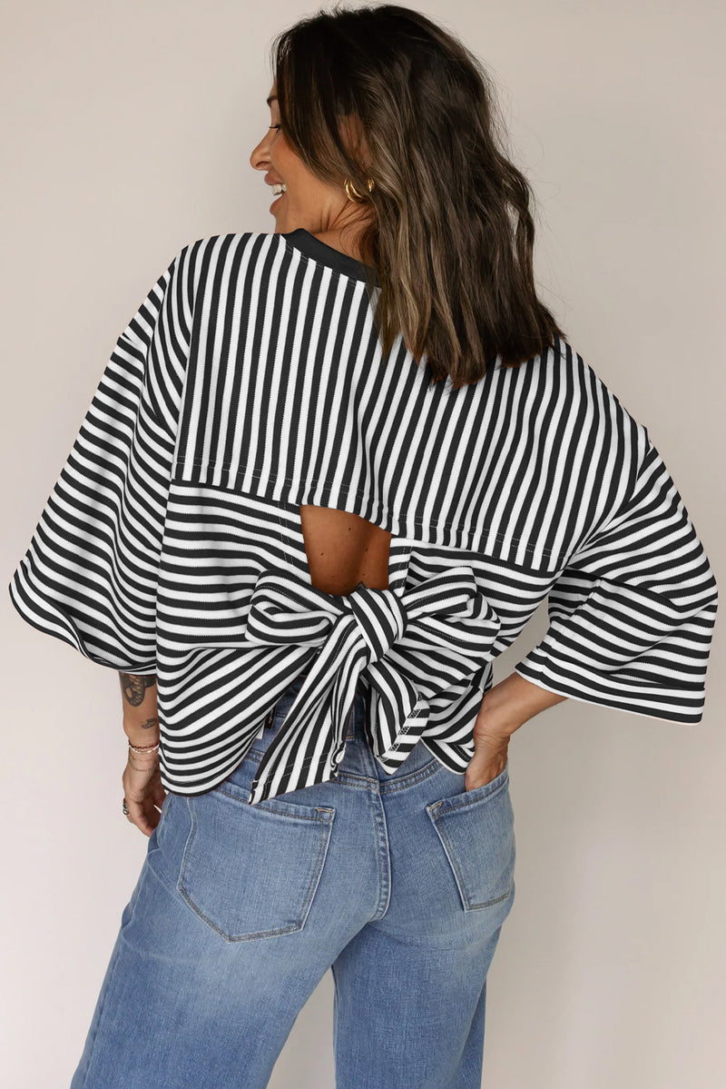 Stripe Bowknot Cutout Back Drop Shoulder Wide Bracelet Sleeve Loose Tee